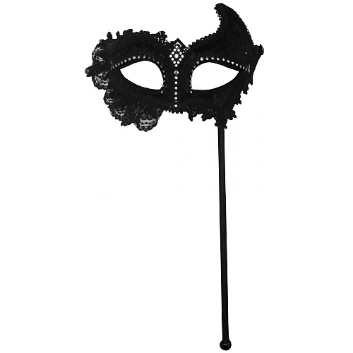 Черная маска с кружевом и стразами на держателе 